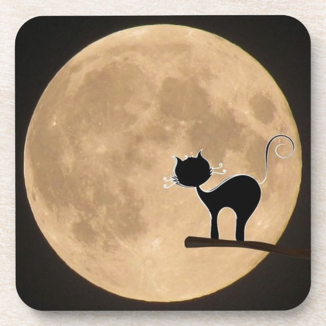 Halloween gothic black cat with full moon drink coaster (Front)
