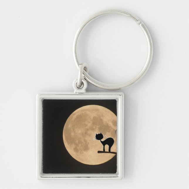 Halloween gothic black cat with full moon keychain (Front)