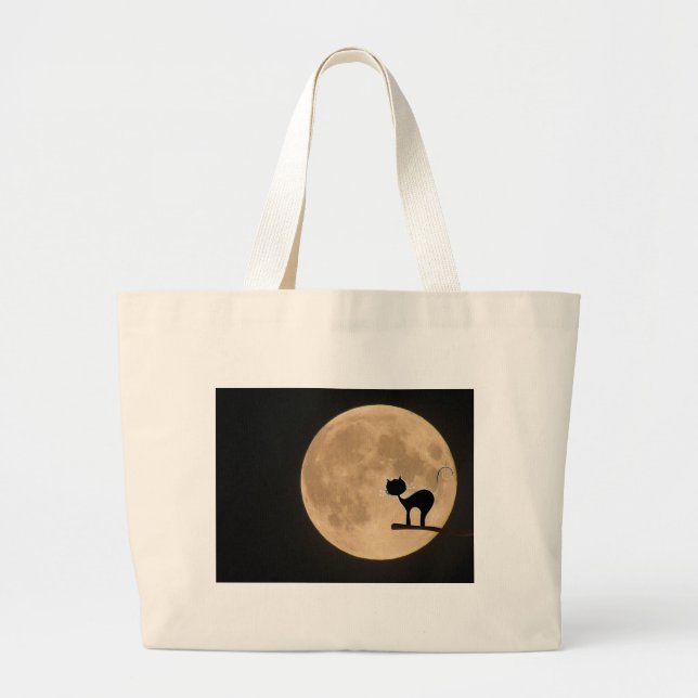 Halloween gothic black cat with full moon large tote bag (Front)
