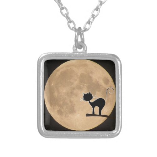 Halloween gothic black cat with full moon silver plated necklace