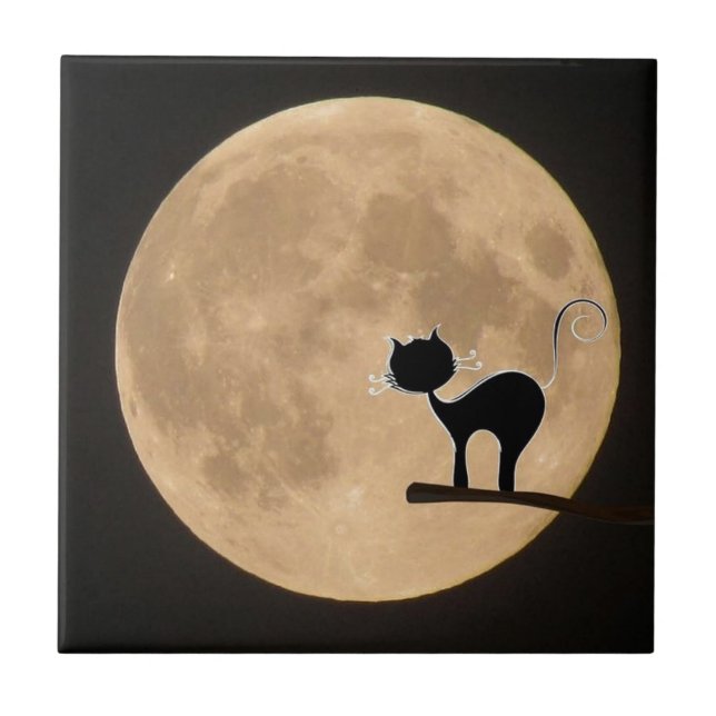 Halloween gothic black cat with full moon tile (Front)