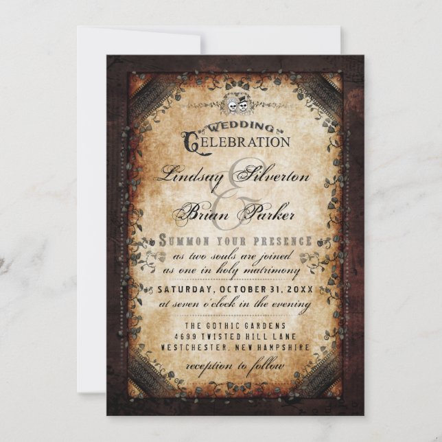 Halloween Gothic Brown Skeleton Wedding Invitation (Front)