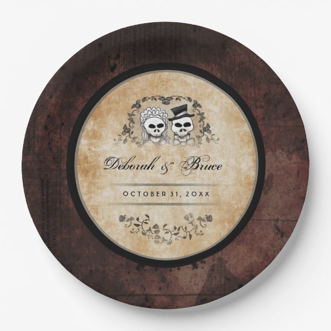 Halloween Gothic Brown Skeletons Matching Wedding Paper Plates (Front)