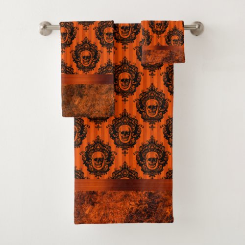 Halloween Gothic Chic | Orange and Black Skulls Bath Towel Set