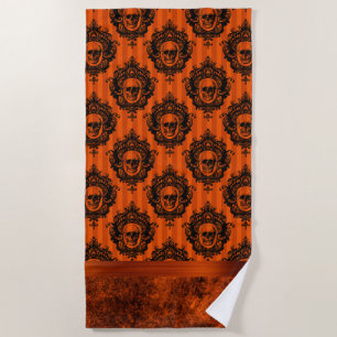 Halloween Gothic Chic Orange and Black Skulls Beach Towel