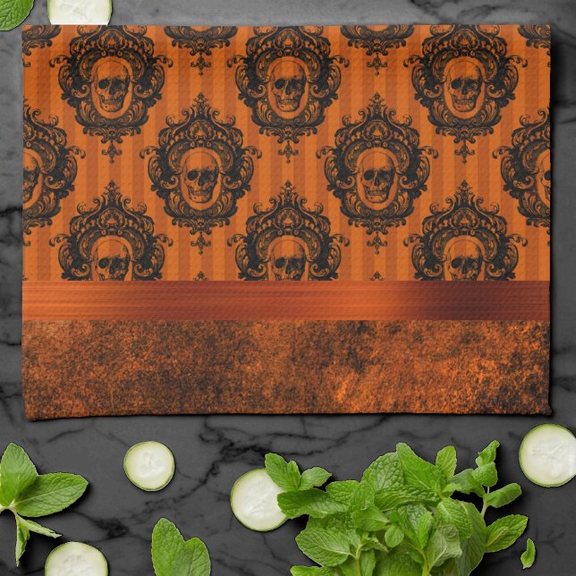 Halloween Gothic Chic | Orange and Black Skulls Kitchen Towel (Creator Uploaded)