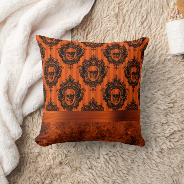 Halloween Gothic Chic | Orange and Black Skulls Throw Pillow (Blanket)