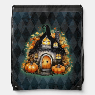 Halloween Gothic Fall Fairy Cottage Blue Argyle Drawstring Bag