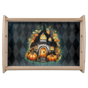 Halloween Gothic Fall Fairy Cottage Blue Argyle Serving Tray