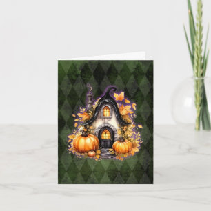 Halloween Gothic Fall Fairy Cottage Green Argyle Card