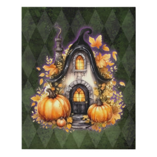 Halloween Gothic Fall Fairy Cottage Green Argyle Faux Canvas Print
