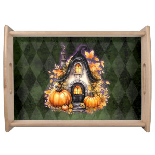 Halloween Gothic Fall Fairy Cottage Green Argyle Serving Tray