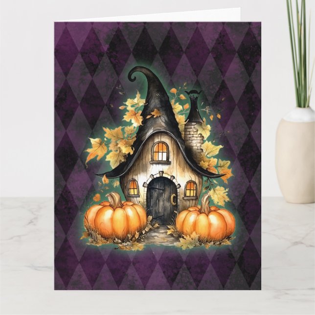 Halloween Gothic Fall Fairy Cottage Purple Argyle  Card (Front)