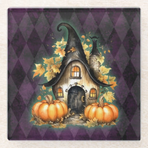 Halloween Gothic Fall Fairy Cottage Purple Argyle Glass Coaster