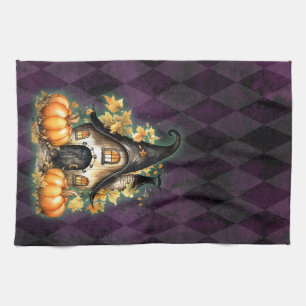 Halloween Gothic Fall Fairy Cottage Purple Argyle  Kitchen Towel