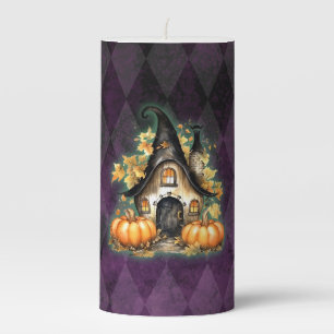 Halloween Gothic Fall Fairy Cottage Purple Argyle  Pillar Candle