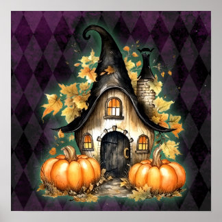 Halloween Gothic Fall Fairy Cottage Purple Argyle Poster
