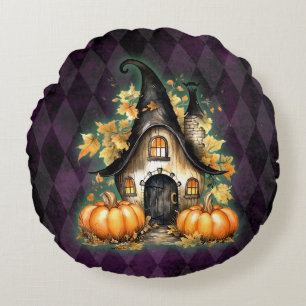Halloween Gothic Fall Fairy Cottage Purple Argyle Round Pillow