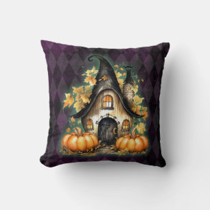 Halloween Gothic Fall Fairy Cottage Purple Argyle Throw Pillow