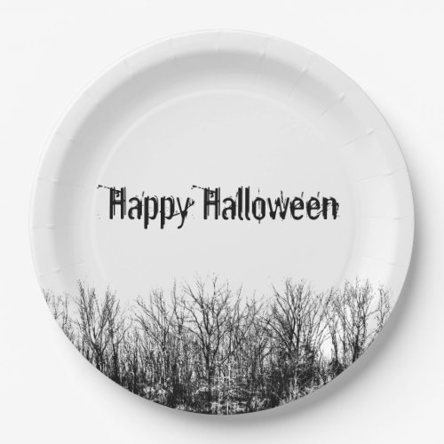 Halloween Gothic Haunted Woods Black White Paper Plates