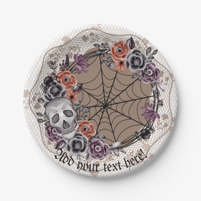 Halloween Gothic Inspired Floral Skull Lace Paper Plates (Front)