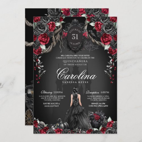 Halloween Gothic Princess Red  Black Quinceanera Invitation