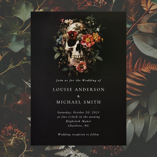 Halloween Gothic Skull Floral Wedding Invitation