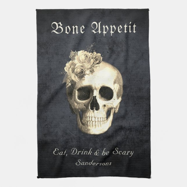 Halloween Gothic Skull White Roses Personalized  Kitchen Towel (Vertical)
