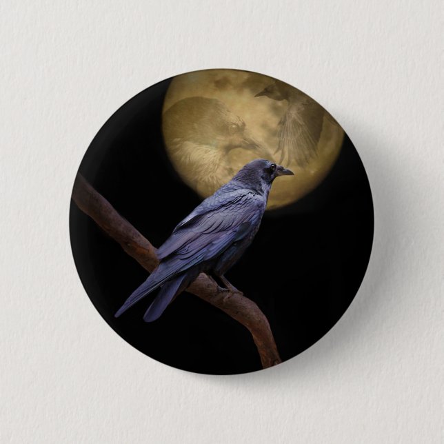 Halloween, Gothic Style Raven and Moon Pinback Button (Front)