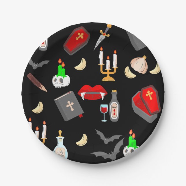 halloween gothic vampire hunter garlic dagger fang paper plates (Front)