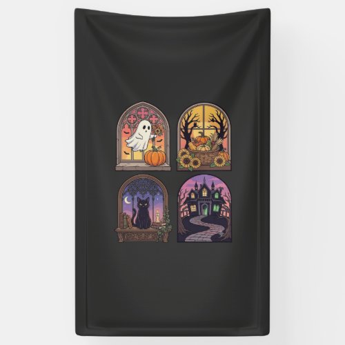 Halloween Gothic Window Ghost Pumpkin Black Cat Ha Banner