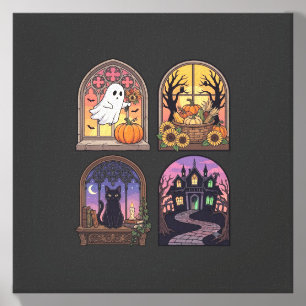 Halloween Gothic Window Ghost Pumpkin Black Cat Ha Canvas Photo Tile