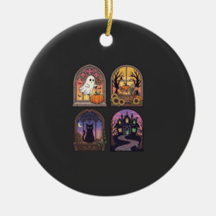 Halloween Gothic Window Ghost Pumpkin Black Cat Ha Ceramic Ornament