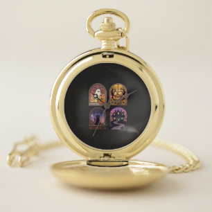 Halloween Gothic Window Ghost Pumpkin Black Cat Ha Pocket Watch