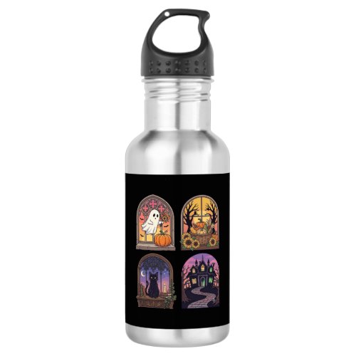 Halloween Gothic Window Ghost Pumpkin Black Cat Ha Stainless Steel Water Bottle