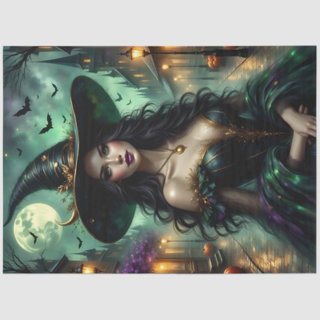 Halloween Gothic Witch with Bats and Pumpkin  Tissue Paper (Front)