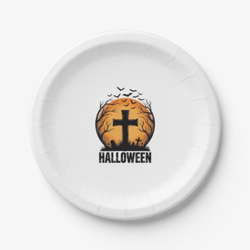 Halloween Graveyard Bats Vintage Moon Shirt Design Paper Plates