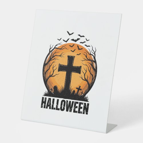 Halloween Graveyard Bats Vintage Moon Shirt Design Pedestal Sign
