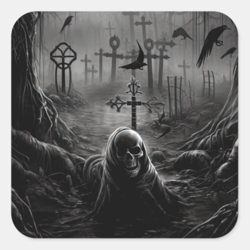 Halloween Graveyard Cemetery Gothic Skeleton Square Sticker