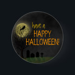 Halloween - Graveyard Crow and Moon Button<br><div class="desc">This spooky, creepy Halloween / autumn button shows a black crow or raven silhouette, perched in a dark, dead leafless tree in front of the full moon in the fog. A graveyard / cemetery lies below. The orange, cracked text says "have a HAPPY HALLOWEEN!" but is customizable in this easy...</div>