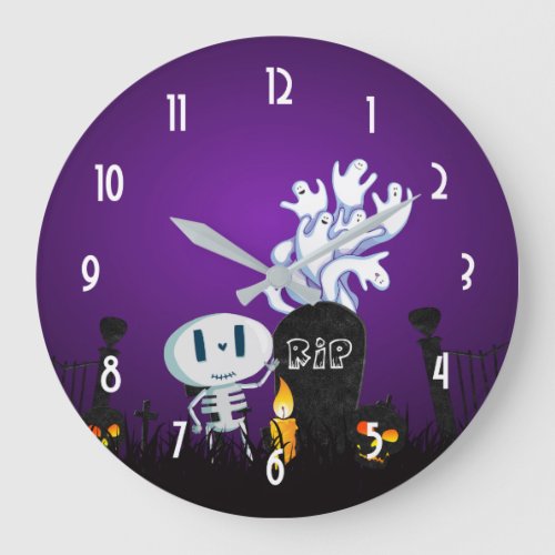 Halloween Graveyard Cute Skeleton and Ghosts Large Clock