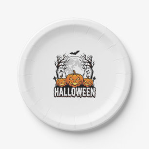 Halloween Graveyard Pumpkin Vintage Engraving Desi Paper Plates