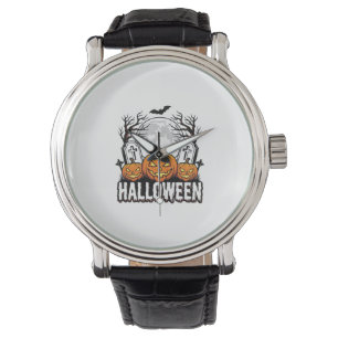 Halloween Graveyard Pumpkin Vintage Engraving Desi Watch