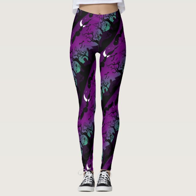 Halloween graveyard scenery purple and aqua leggings (Front)