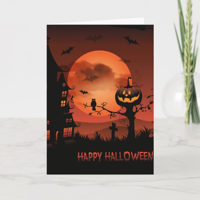 Halloween graveyard scenes pumpkin bats moon card (Front)