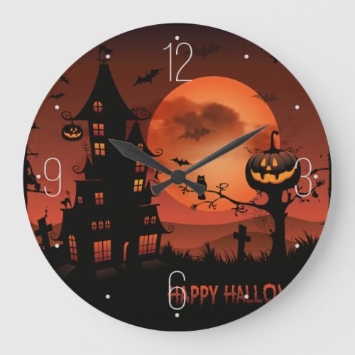 Halloween graveyard scenes pumpkin bats moon large clock
