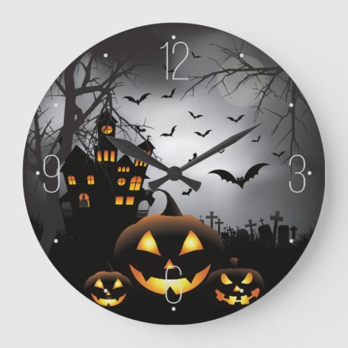 Halloween graveyard scenes pumpkin haunted house large clock