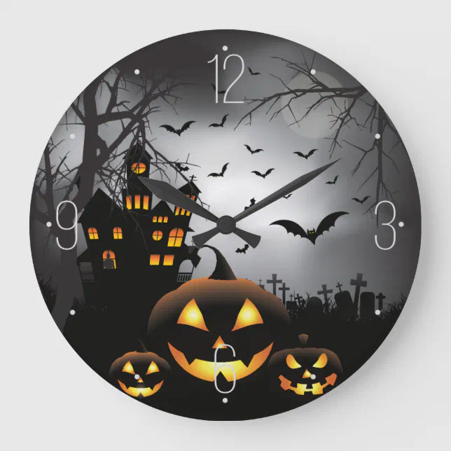 Halloween graveyard scenes pumpkin haunted house large clock Zazzle