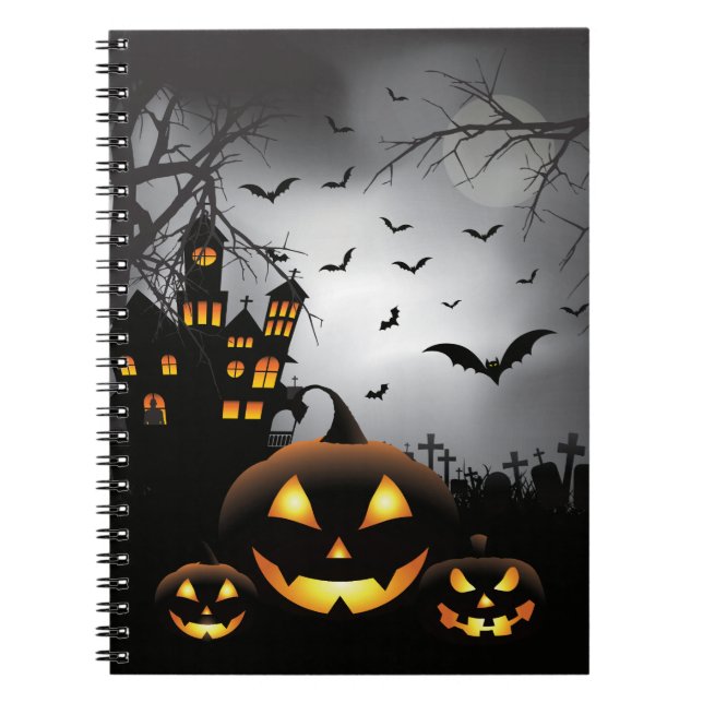 Halloween graveyard scenes pumpkin haunted house notebook (Front)