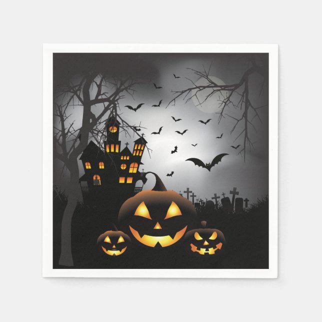 Halloween graveyard scenes pumpkin haunted house paper napkins (Front)